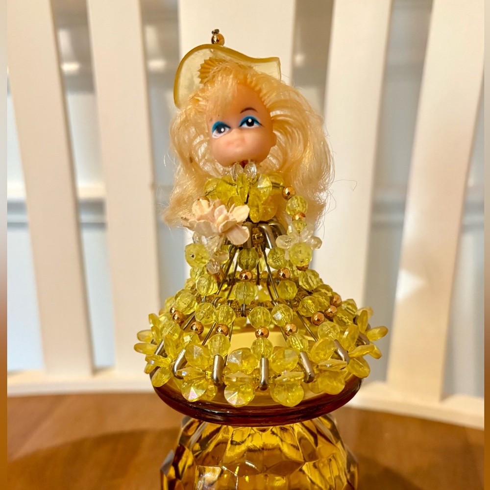 70s Vintage Yellow Beaded Safety Pin Blonde Doll Figurine, Handmade. Preowned
